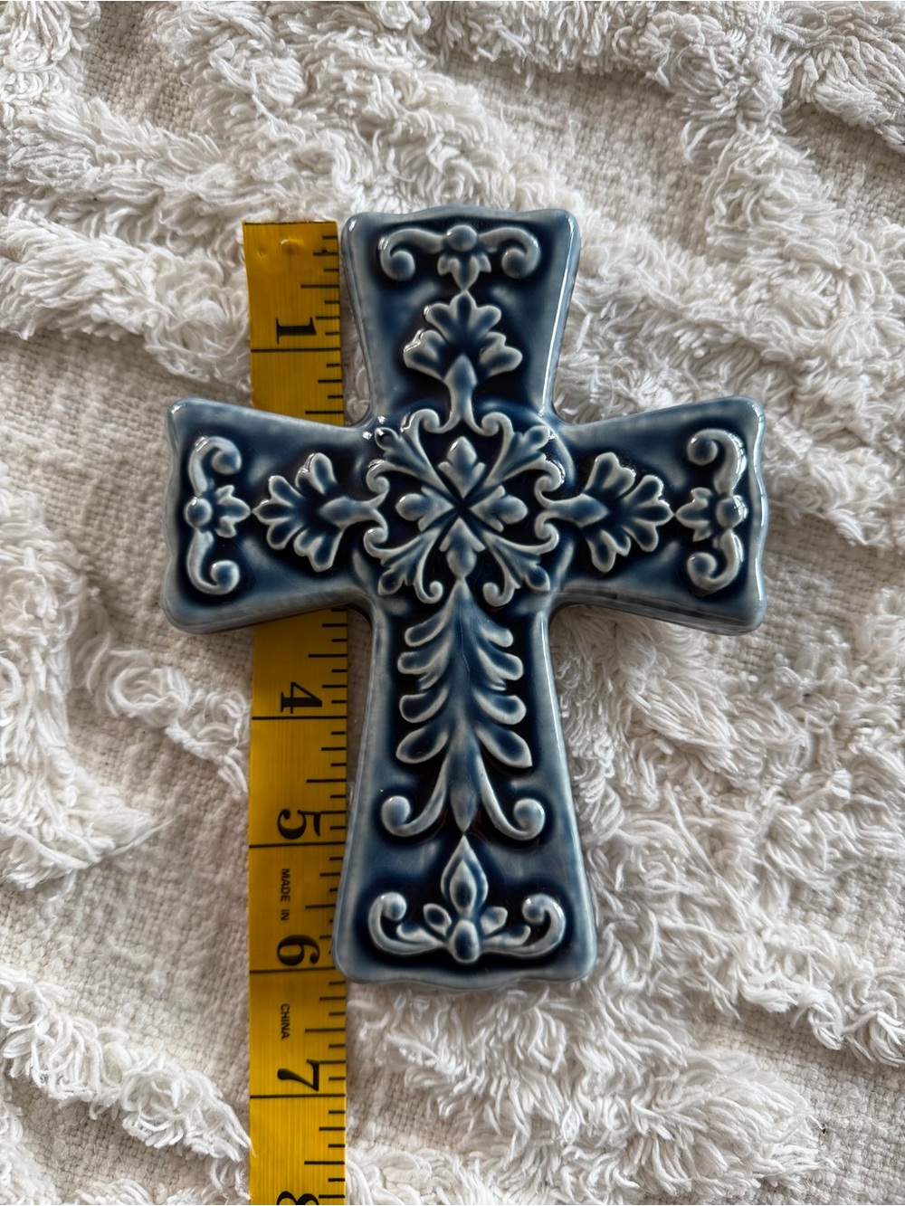Blue & White Ceramic Wall Cross Raised Floral Scroll Design 6.5”